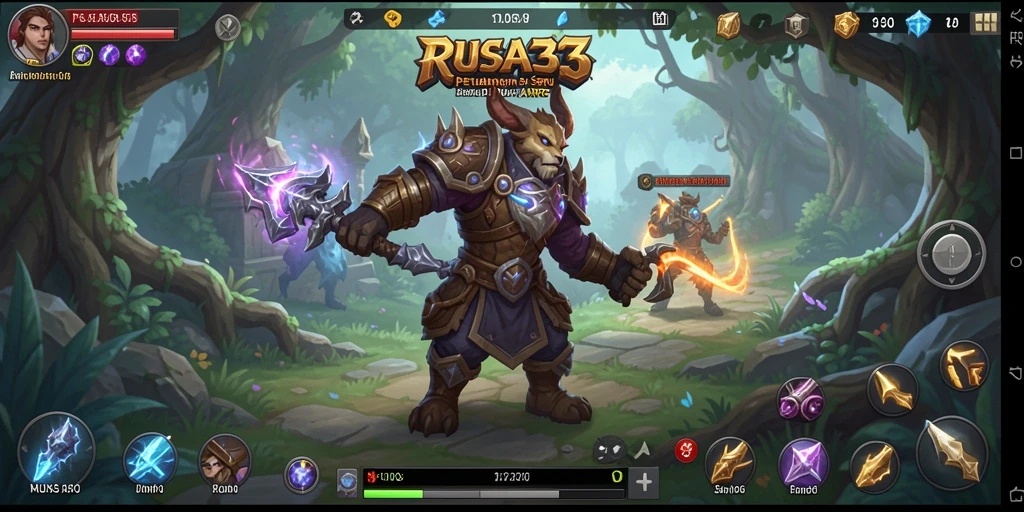 Tampilan gameplay <strong>RUSA33</strong> menunjukkan aksi seru dalam pertempuran di dunia fantasi.